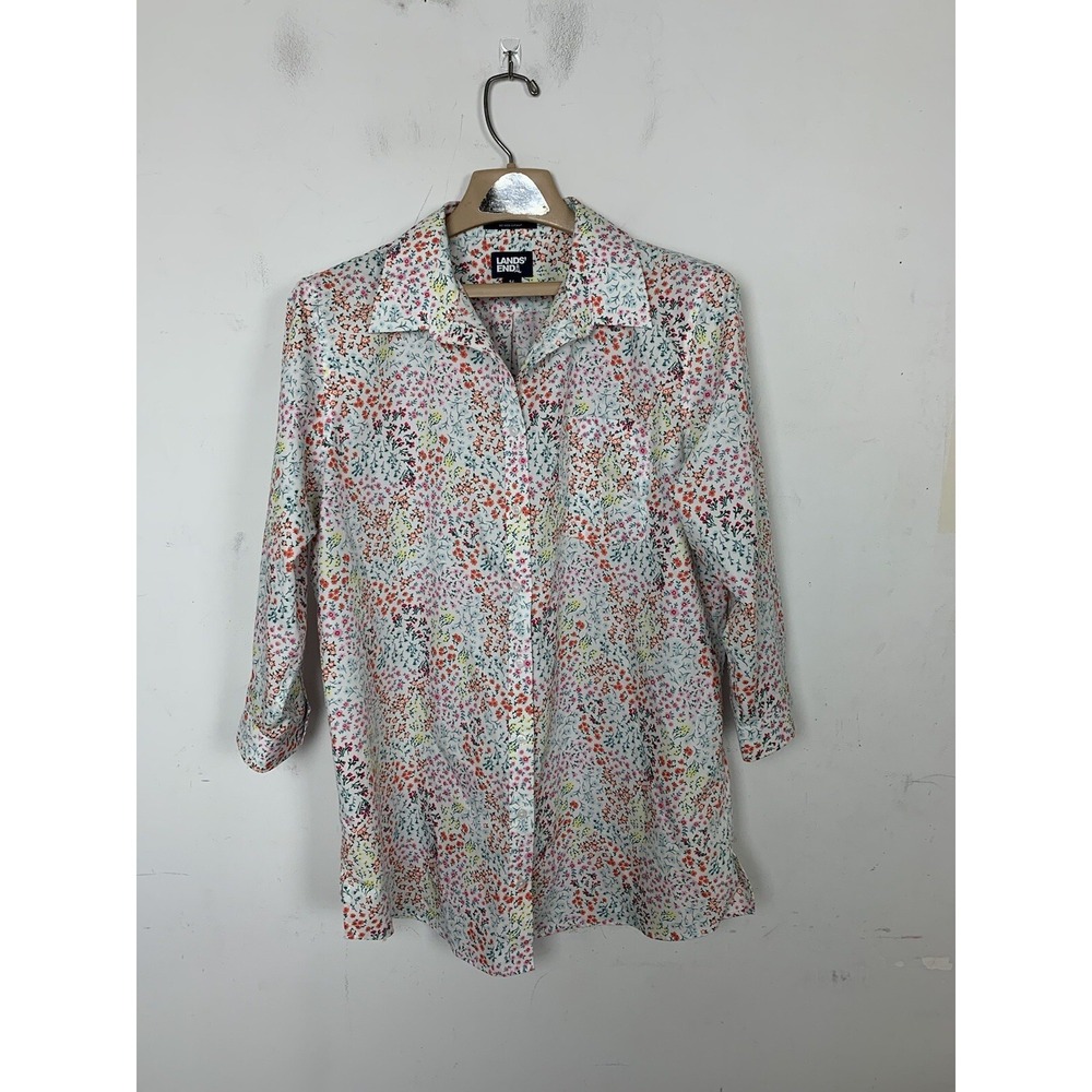 Lands End Womens Shirt 14 Floral Spring Ditsy Button Up No‎ Iron Supima Fairy